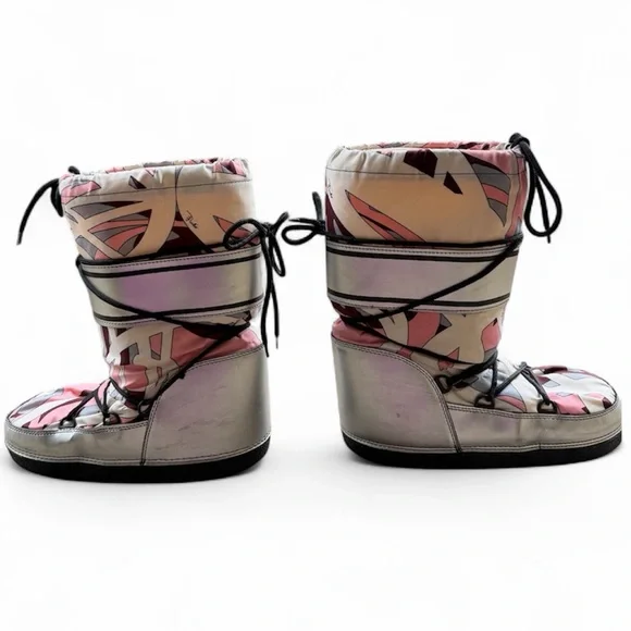 Emilio Pucci Lace Snow Winter Moon Boots US 8 Pink & Silver Iconic